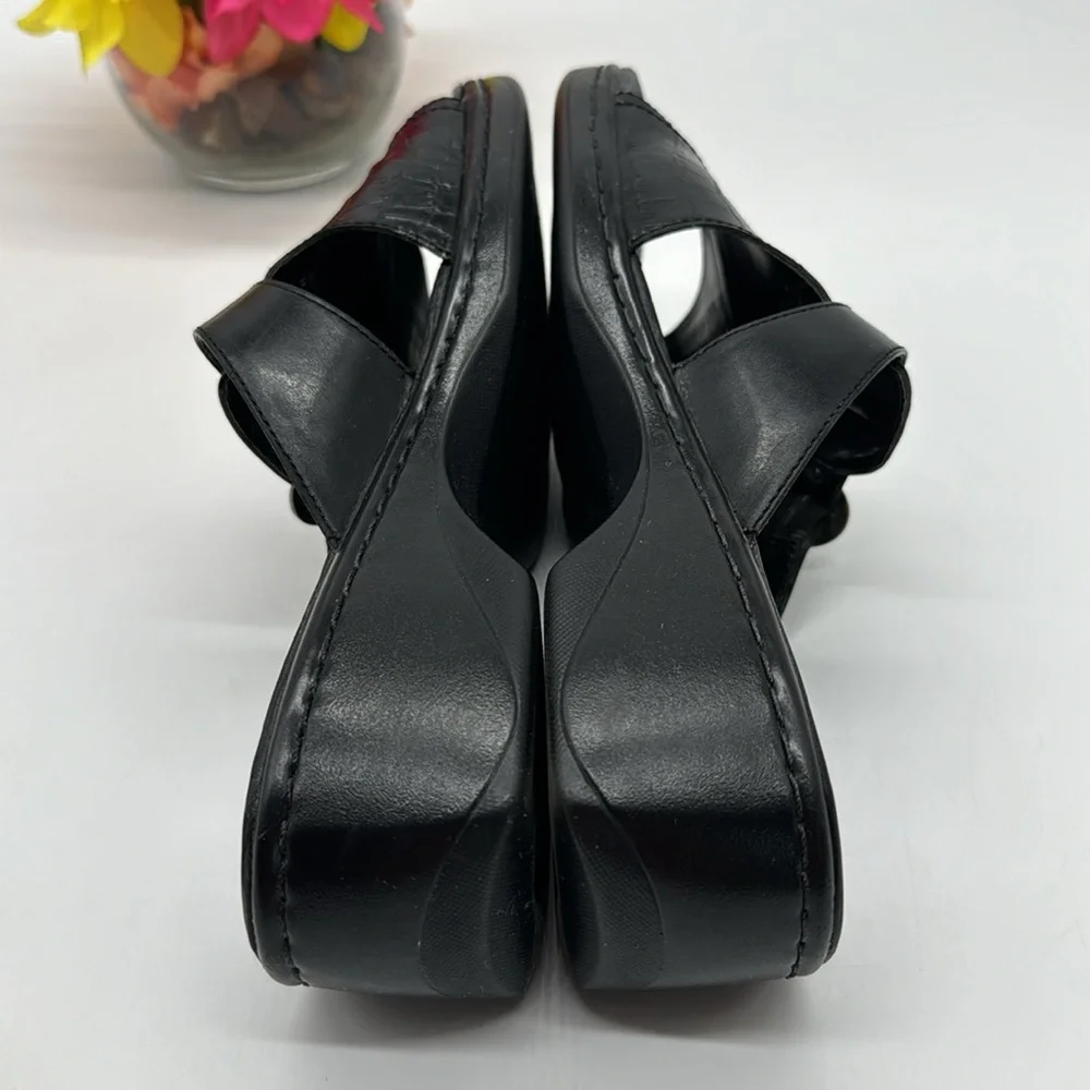 Clarks Black Leather Slide Sandals with Silver Buckle